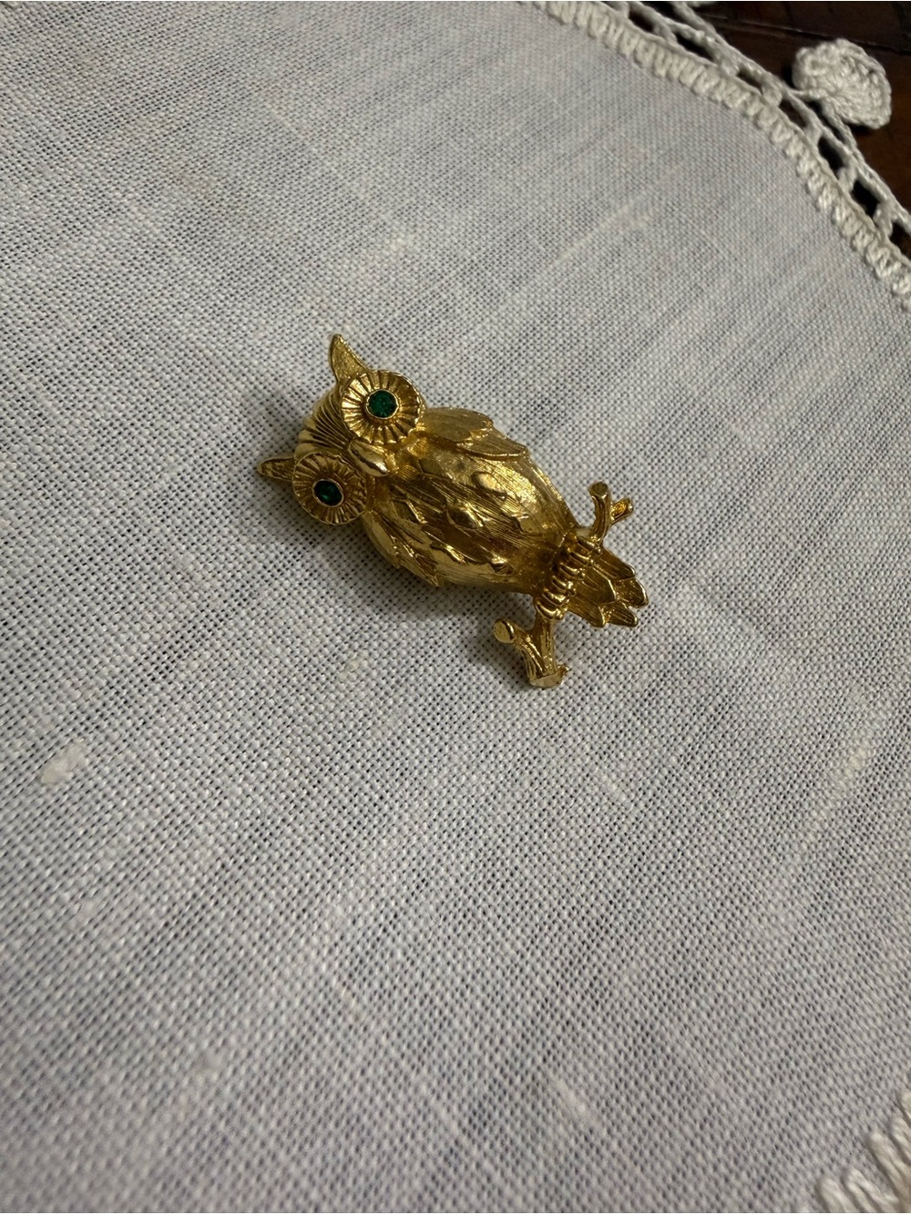 Vintage Gold Owl Brooch with Green rhinestone Eyes